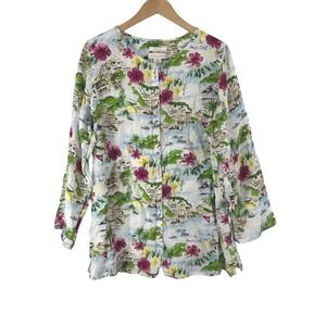 Cynthia Rowley Linen Tunic Top Womens 1X‎ Amalfi French Coast Print Button Front